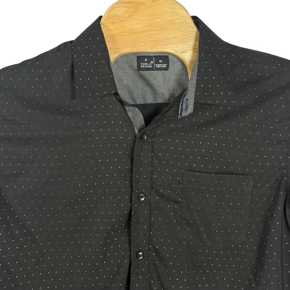 Public Record Men XL Black Gold Poka Dots Polyester Long Sleeve Button Up Shirt